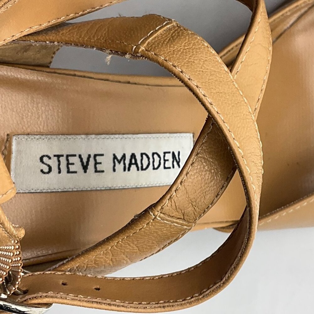 Y2K Steve Madden 7.5 Tan Leather Strappy Heels Shoes Pointed Square Toe - Picture 8 of 11